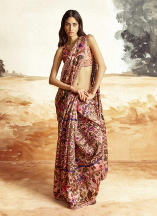 Dusky Pink Floral Sari And Blouse by Punit Balana available on Indiaspopup.com
