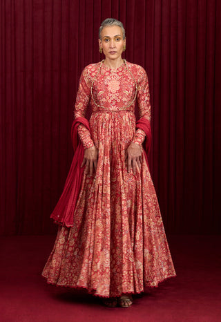 Red Printed Tempo Anarkali And Dupatta by Ridhi Mehra available on Indiaspopup.com