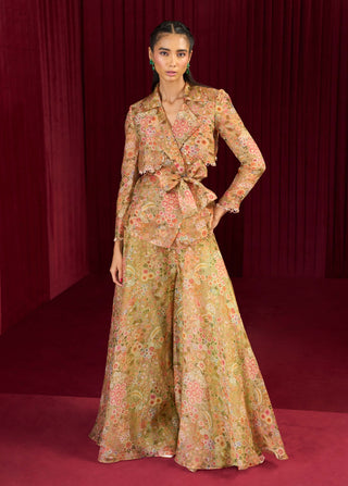 Olive Green Printed Echo Jacket And Flared Pant Set by Ridhi Mehra available on Indiaspopup.com