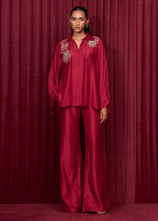 Red Solid Chime Shirt And Flared Pants by Ridhi Mehra available on Indiaspopup.com