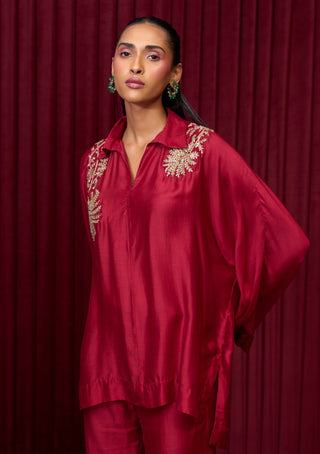 Red Solid Chime Shirt And Flared Pants by Ridhi Mehra available on Indiaspopup.com