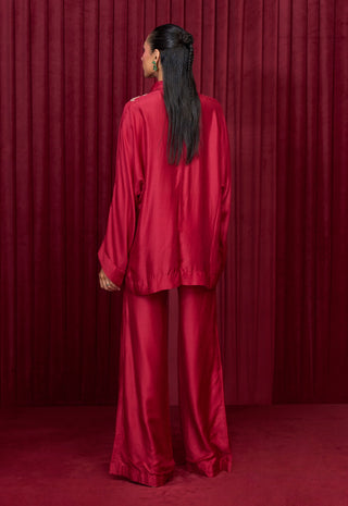 Red Solid Chime Shirt And Flared Pants by Ridhi Mehra available on Indiaspopup.com