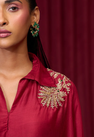 Red Solid Chime Shirt And Flared Pants by Ridhi Mehra available on Indiaspopup.com