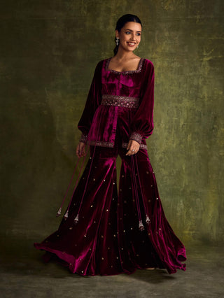 Mulberry Velvet Peplum And Sharara Set by Sanya Gulati available on Indiaspopup