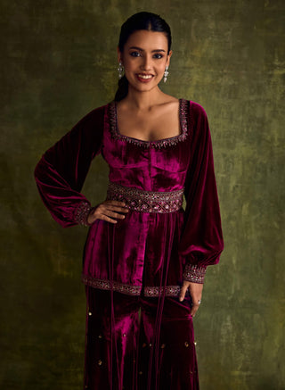 Mulberry Velvet Peplum And Sharara Set by Sanya Gulati available on Indiaspopup