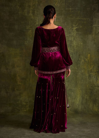 Mulberry Velvet Peplum And Sharara Set by Sanya Gulati available on Indiaspopup