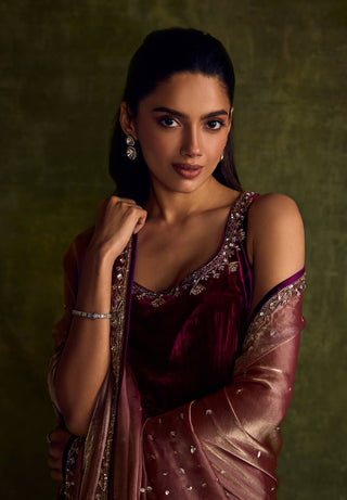 Mulberry Velvet High Slit Kurta Set by Sanya Gulati available on Indiaspopup
