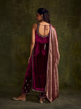 Mulberry Velvet High Slit Kurta Set by Sanya Gulati available on Indiaspopup