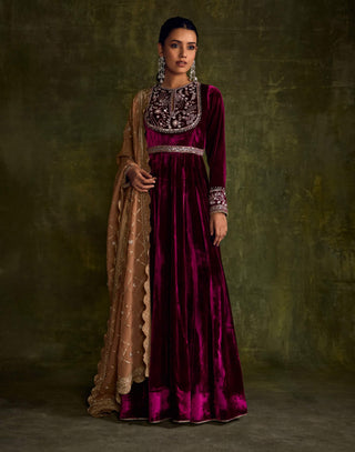 Mulberry Velvet Anarkali And Dupatta by Sanya Gulati available on Indiaspopup