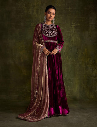 Mulberry Velvet Anarkali And Dupatta by Sanya Gulati available on Indiaspopup
