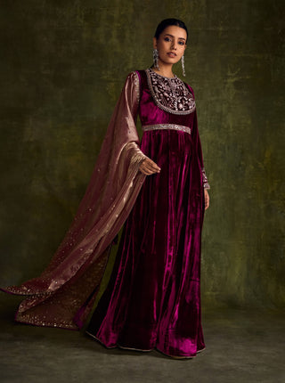 Mulberry Velvet Anarkali And Dupatta by Sanya Gulati available on Indiaspopup