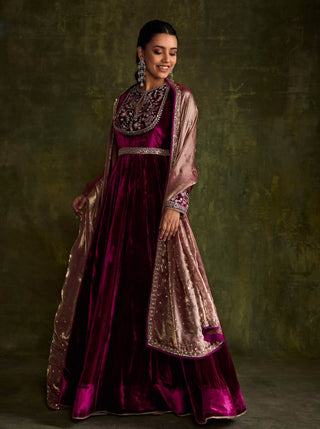 Mulberry Velvet Anarkali And Dupatta by Sanya Gulati available on Indiaspopup