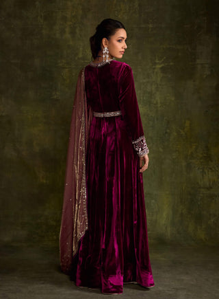 Mulberry Velvet Anarkali And Dupatta by Sanya Gulati available on Indiaspopup