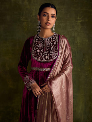 Mulberry Velvet Anarkali And Dupatta by Sanya Gulati available on Indiaspopup