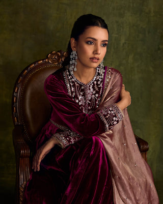 Mulberry Velvet Anarkali And Dupatta by Sanya Gulati available on Indiaspopup