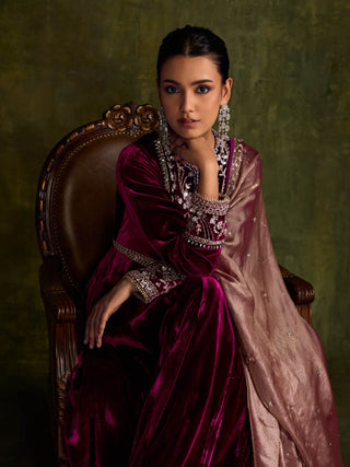 Mulberry Velvet Anarkali And Dupatta by Sanya Gulati available on Indiaspopup