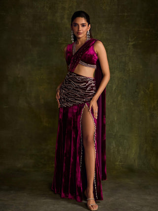Mulberry Velvet Slit Pre-Draped Sari And Blouse by Sanya Gulati available on Indiaspopup