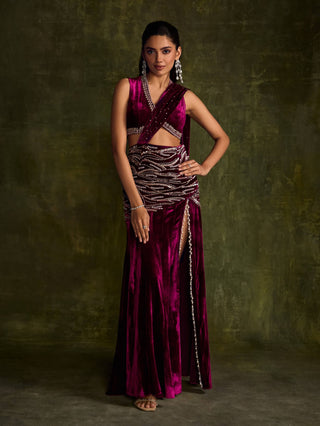 Mulberry Velvet Slit Pre-Draped Sari And Blouse by Sanya Gulati available on Indiaspopup