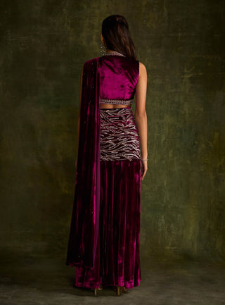 Mulberry Velvet Slit Pre-Draped Sari And Blouse by Sanya Gulati available on Indiaspopup