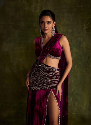 Mulberry Velvet Slit Pre-Draped Sari And Blouse by Sanya Gulati available on Indiaspopup
