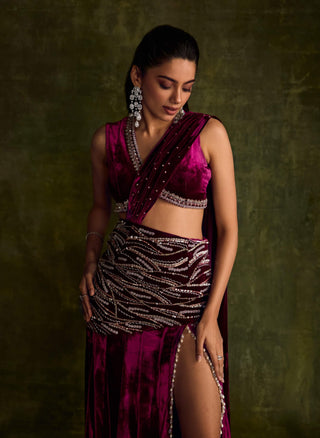 Mulberry Velvet Slit Pre-Draped Sari And Blouse by Sanya Gulati available on Indiaspopup