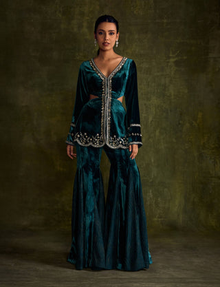 Turquoise Velvet Cut-Out Peplum And Flared Pants by Sanya Gulati available on Indiaspopup