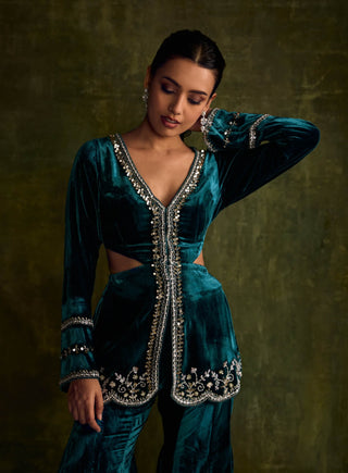 Turquoise Velvet Cut-Out Peplum And Flared Pants by Sanya Gulati available on Indiaspopup