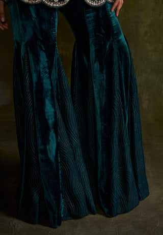 Turquoise Velvet Cut-Out Peplum And Flared Pants by Sanya Gulati available on Indiaspopup