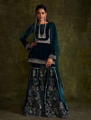 Teal Velvet Sharara Set by Sanya Gulati available on Indiaspopup