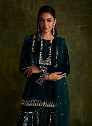 Teal Velvet Sharara Set by Sanya Gulati available on Indiaspopup