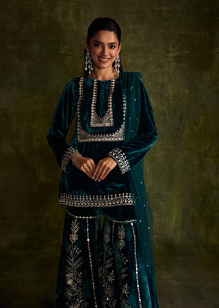 Teal Velvet Sharara Set by Sanya Gulati available on Indiaspopup
