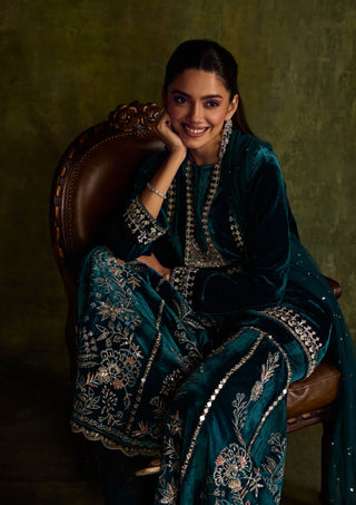 Teal Velvet Sharara Set by Sanya Gulati available on Indiaspopup