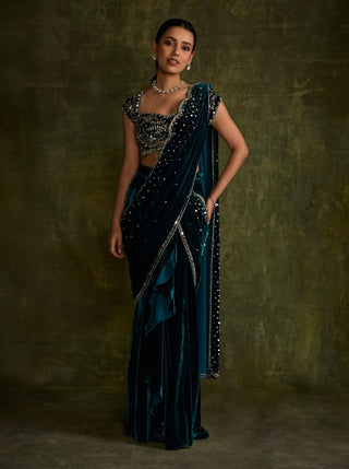 Turquoise Velvet Pre-Draped Sari And Blouse by Sanya Gulati available on Indiaspopup