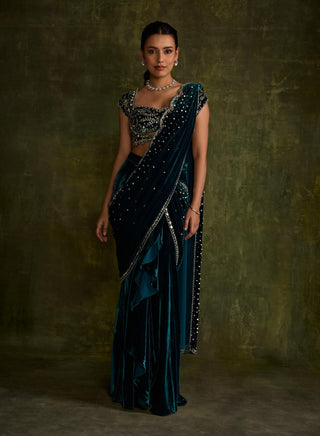 Turquoise Velvet Pre-Draped Sari And Blouse by Sanya Gulati available on Indiaspopup