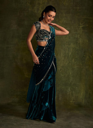 Turquoise Velvet Pre-Draped Sari And Blouse by Sanya Gulati available on Indiaspopup