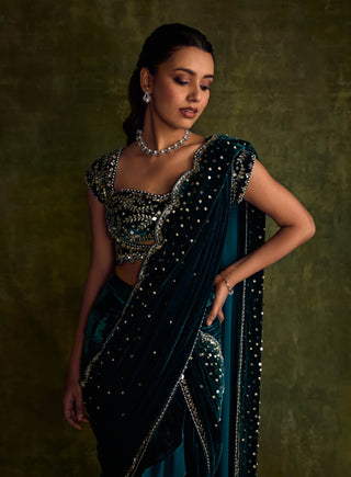 Turquoise Velvet Pre-Draped Sari And Blouse by Sanya Gulati available on Indiaspopup
