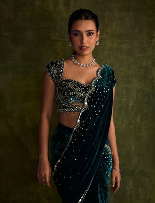 Turquoise Velvet Pre-Draped Sari And Blouse by Sanya Gulati available on Indiaspopup