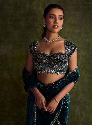 Turquoise Velvet Pre-Draped Sari And Blouse by Sanya Gulati available on Indiaspopup