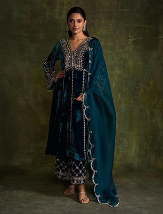 Turquoise Blue Kali Kurta Set by Sanya Gulati available on Indiaspopup