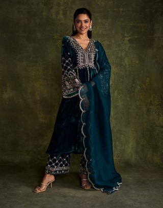 Turquoise Blue Kali Kurta Set by Sanya Gulati available on Indiaspopup