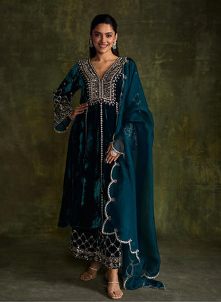 Turquoise Blue Kali Kurta Set by Sanya Gulati available on Indiaspopup