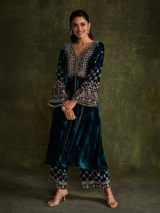 Turquoise Blue Kali Kurta Set by Sanya Gulati available on Indiaspopup