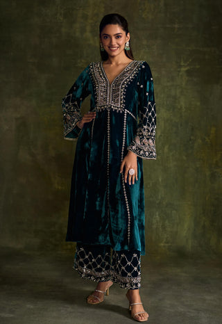 Turquoise Blue Kali Kurta Set by Sanya Gulati available on Indiaspopup