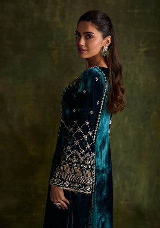 Turquoise Blue Kali Kurta Set by Sanya Gulati available on Indiaspopup