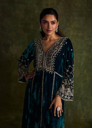 Turquoise Blue Kali Kurta Set by Sanya Gulati available on Indiaspopup