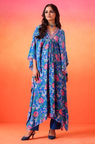 Seema Thukral-Electric Blue Printed Kaftan With Pants-INDIASPOPUP.COM