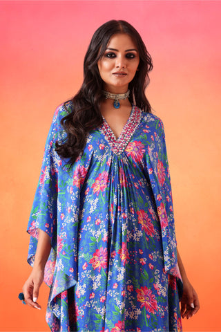 Seema Thukral-Electric Blue Printed Kaftan With Pants-INDIASPOPUP.COM