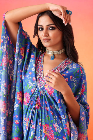 Seema Thukral-Electric Blue Printed Kaftan With Pants-INDIASPOPUP.COM