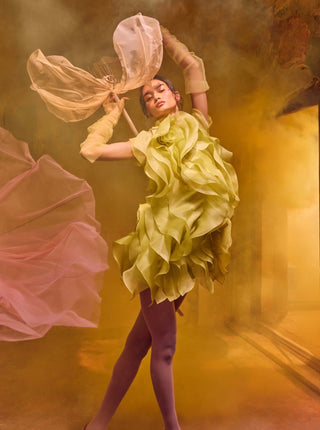 Rosette Green Ruffle Dress With Belt by Shriya Som available on Indiaspopup.com