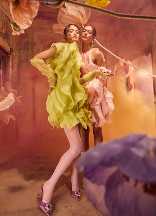 Rosette Green Ruffle Dress With Belt by Shriya Som available on Indiaspopup.com